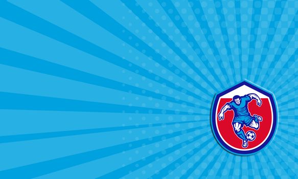 Business card showing illustration of a soccer football player running kicking soccer ball set inside shield crest done in retro style.