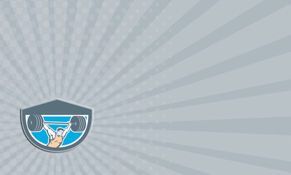 Business card showing illustration of a weightlifter lifting barbell over head set inside shield crest shape on isolated background done in retro style.