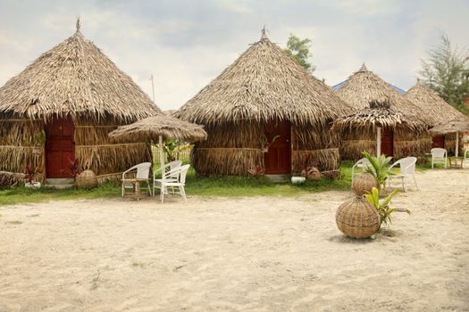 Beach bungalow at sunset in Cambodia