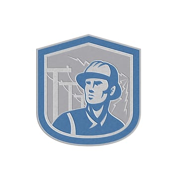 Metallic styled illustration of a power lineman telephone repairman worker looking to side set inside shield crest with electric lightning post in the background done in retro style.