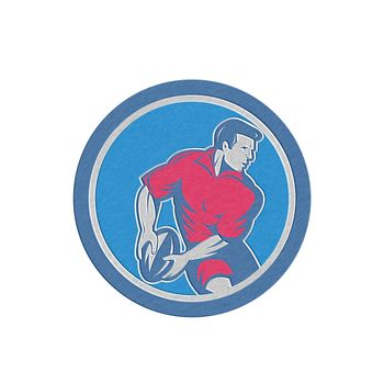 Metallic styled illustration of a rugby player running passing the ball set inside circle done in retro style.