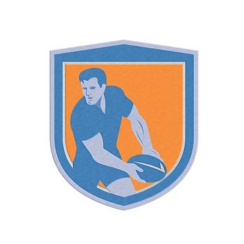 Metallic styled illustration of a rugby player passing ball set inside shield crest done in retro style.