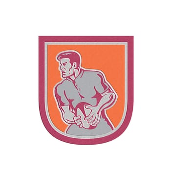 Metallic styled illustration of a rugby player passing ball sideview set inside shield crest done in retro style.