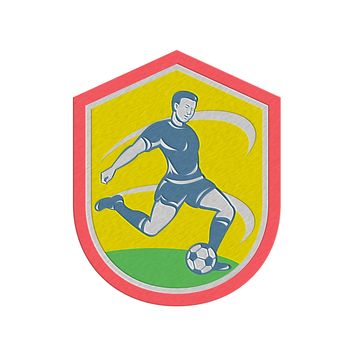 Metallic styled illustration of a soccer football player kicking soccer ball set inside shield crest done in retro style.