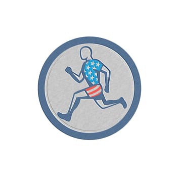 Metallic styled illustration of american sprinter runner running viewed from side set inside circle done in retro style on isolated white background.
