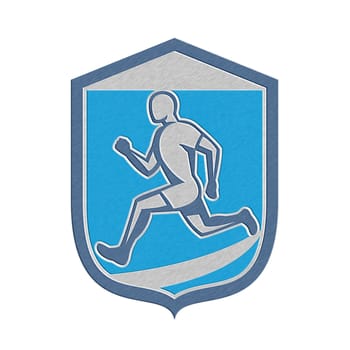 Metallic styled illustration of a sprinter runner running viewed from side set inside shield crest done in retro style on isolated background.
