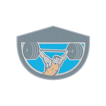 Metallic styled illustration of a weightlifter lifting barbell over head set inside shield crest shape on isolated background done in retro style.
