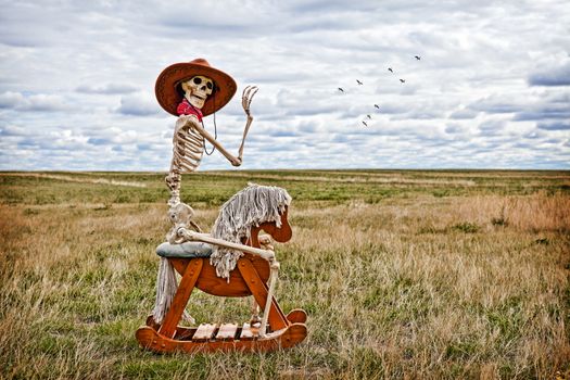 Skeleton cowboy riding a rocking horse in a field.