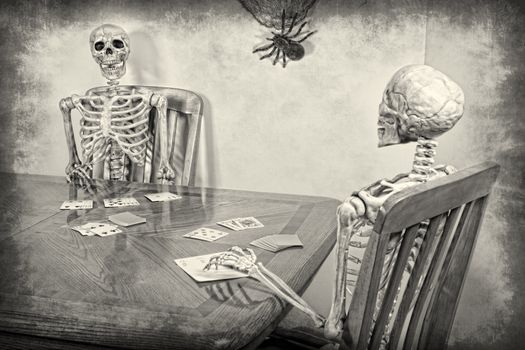 Two skeletons playing a game of rummy.  Halloween theme. Textured.