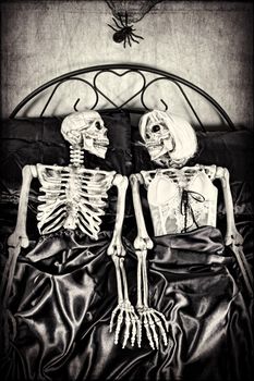 Halloween theme.  Two skeletons in bed together. Textured.