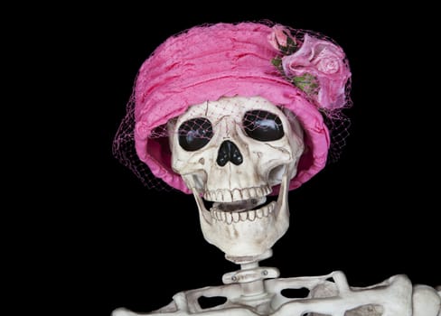 Portrait of a female skeleton in a vintage pink hat with netting.  Shot on black background.