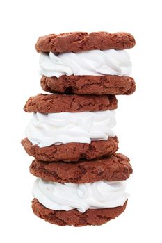 A stack of fresh, soft, chewy, cream filled chocolate sandwich cookies, known as Oreo Wannabes.