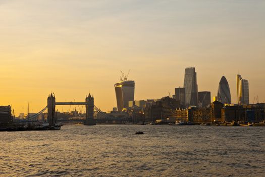 A beautiful sunset in London taking in the River Thames, Tower Bridge and the city.