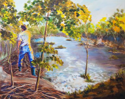 An original acrylic painting on canvas of a man walking on top of a beaver dam, in Northern Saskatchewan, Canada.