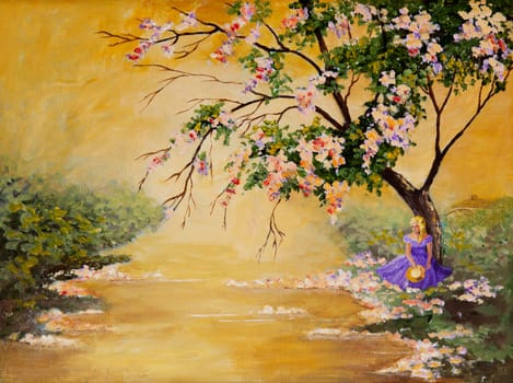 An original acrylic painting of a beautiful Southern belle sitting under a large blooming tree.