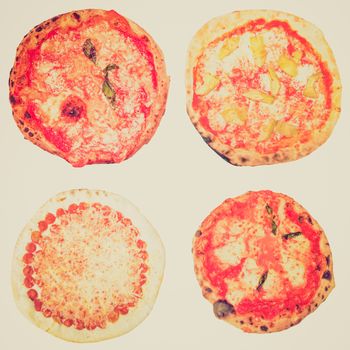 Vintage retro looking Many types of vegetarian pizzas including Italian pizza margherita isolated over white