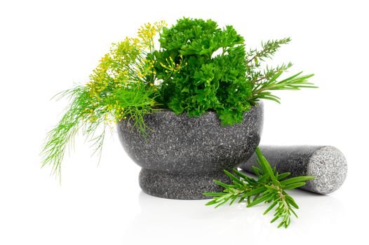 Stone mortar with  green herbs, on white background