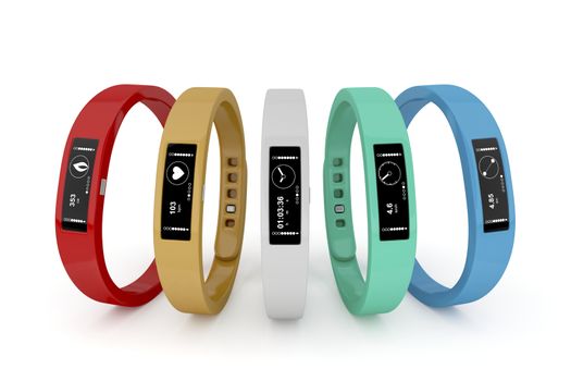 Five fitness trackers with different interfaces and colors 
