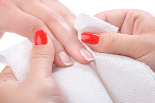 beauty salon, manicure applying, wiping and cleaning
