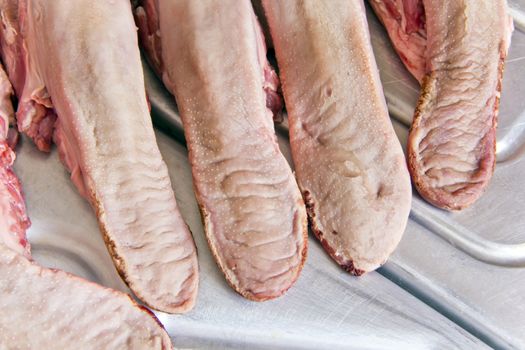 Photo of raw pork tongue on grey background