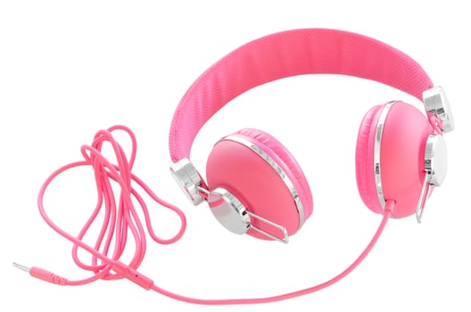 Female pastel pink colorful headphones isolated on white