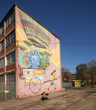 Colourful murals adorning the walls of tenement blocks in the San Miguel area of Santiago, capital of Chile. The area was created as an open air museum in what was a run down area of the city.