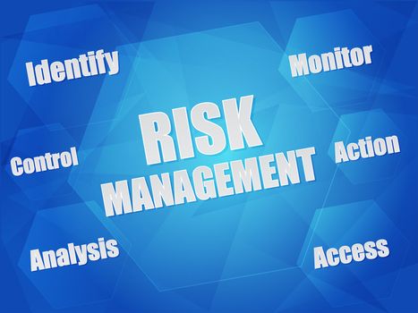 risk management - identify, control, analysis, monitor, action, access - business organization concept words in hexagons over blue background, flat design