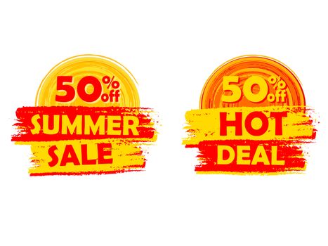 50 percentages off summer sale and hot deal banners - text in yellow and orange drawn labels with sun symbols, business seasonal shopping concept