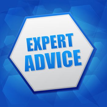 expert advice - business consult concept word in hexagon over blue background, flat design