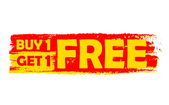 buy one get one free - text in yellow and red drawn label, flat design, business shopping concept
