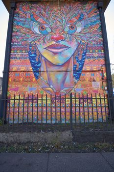 Colourful murals adorning the walls of tenement blocks in the San Miguel area of Santiago, capital of Chile. The area was created as an open air museum in what was a run down area of the city.