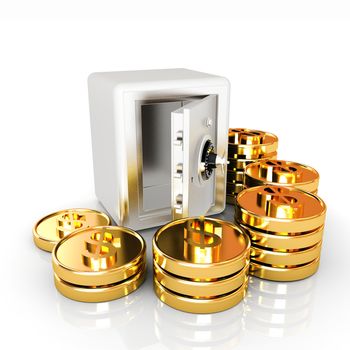 open a bank vault with a bunch of gold coins. isolated on white. 