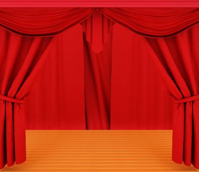 Red curtains and wooden scene floor 