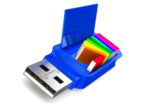 usb flash drive and books on white background. Isolated 3D image