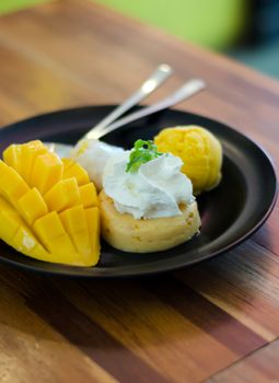 Mango, mango pudding, mango ice cream with sticky rice, Thai dessert
