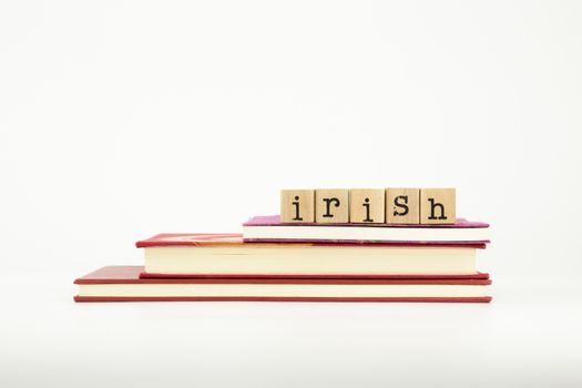 irish word on wood stamps stack on books, language and study concept