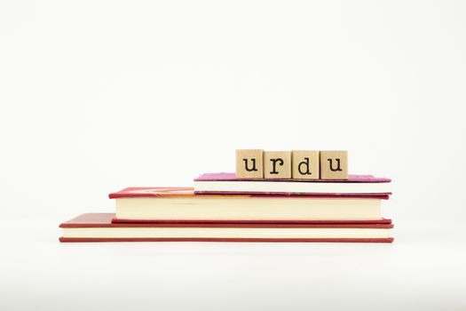 urdu word on wood stamps stack on books, language and study concept