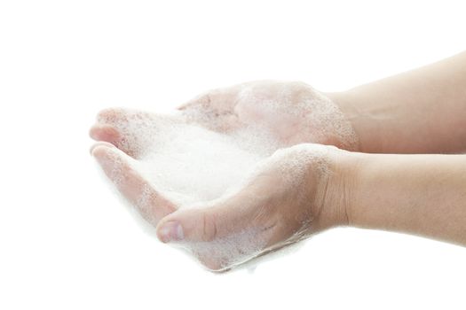 Washing your hands is the best way to prevent flus, colds and other germs and viruses,  Shot on white background.