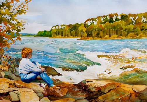 An original watercolor painting of a middle-aged woman sitting on the rocks by Otter Rapids near Lac La Ronge, Saskatchewan, Canada in Autumn.  