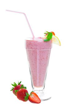 An ice cold strawberry smoothie with strawberries, lemon, and a sprig of mint for garnish.  Shot on white background.