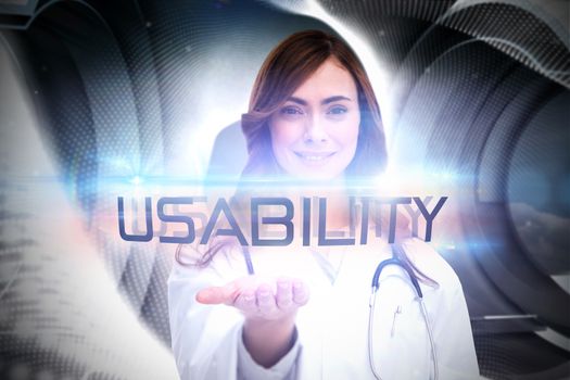 The word usability and portrait of female nurse holding out open palm against abstract pattern in grey