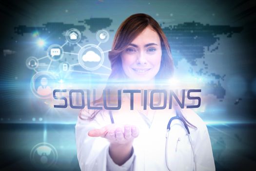 The word solutions and portrait of female nurse holding out open palm against futuristic technology interface
