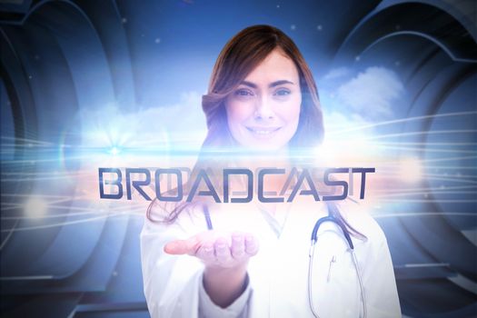 The word broadcast and portrait of female nurse holding out open palm against abstract white cloud design
