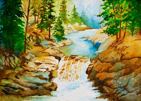 An original watercolor painting of a waterfall landscape.