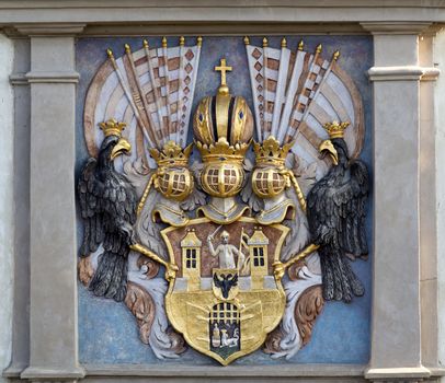 house sign on historic building in Prague - Podskalska customs on Vytoni in Prague - coat of arms insignia