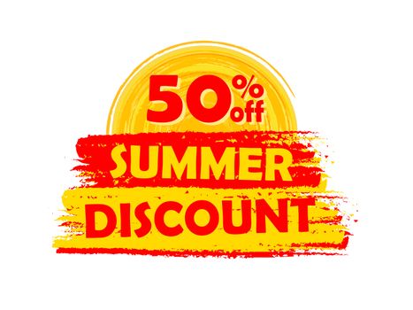 50 percentages off summer discount banner - text in yellow and orange drawn label with sun symbol, business seasonal shopping concept