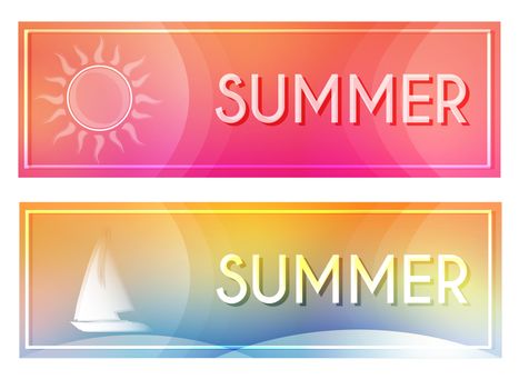text summer with white sun and boat in banners with frame over pink and yellow blue backgrounds, seasonal flat design labels
