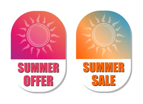 summer offer and summer sale banners - text in pink and orange flat design labels with sun symbols, business seasonal shopping concept