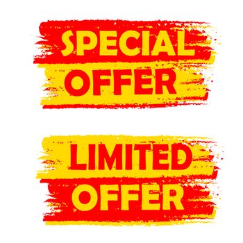 special and limited offer banners - text in yellow and red drawn labels, business shopping concept