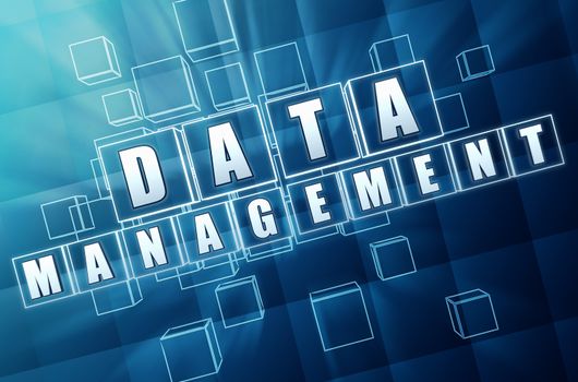 data management - text in 3d blue glass cubes with white letters, business organizing concept words
